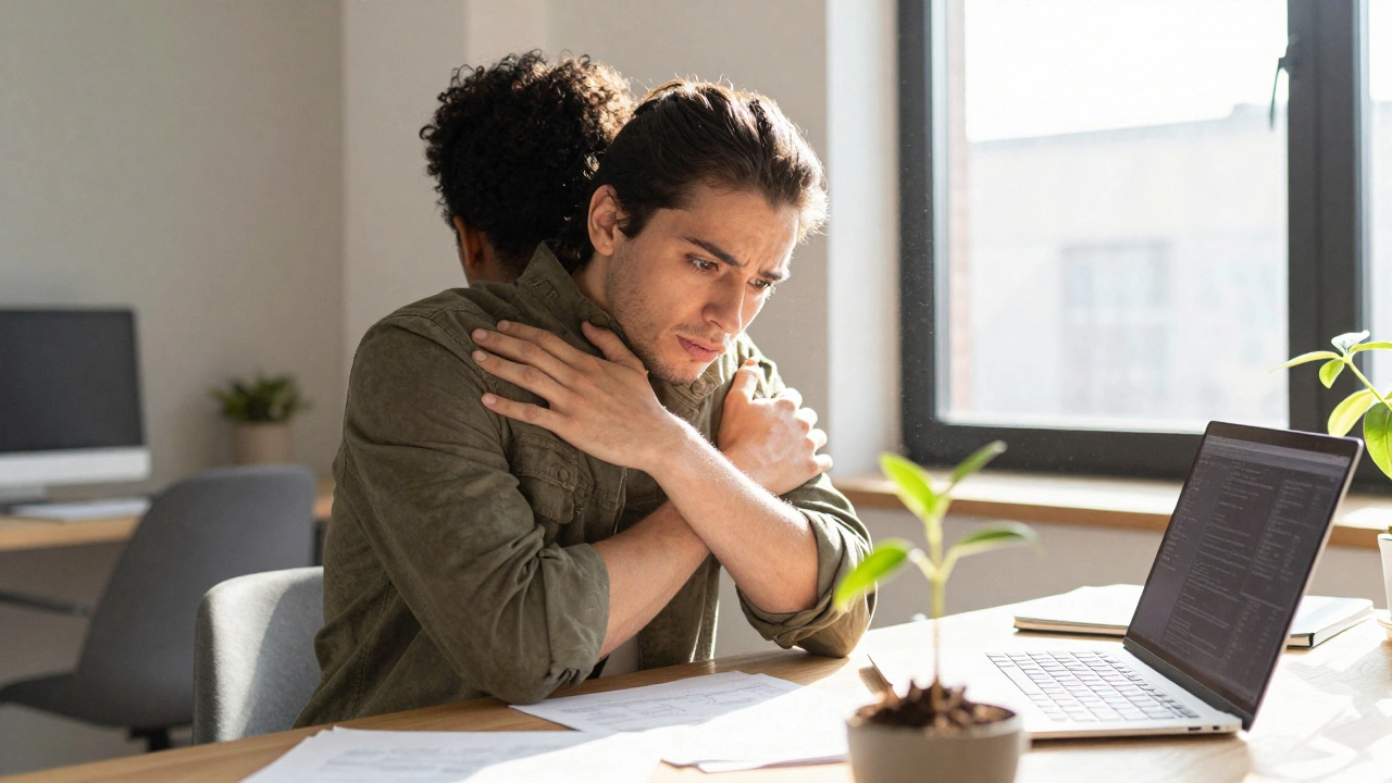 Focused person at a desk embracing a challenge with sunlight and a growing plant nearby.