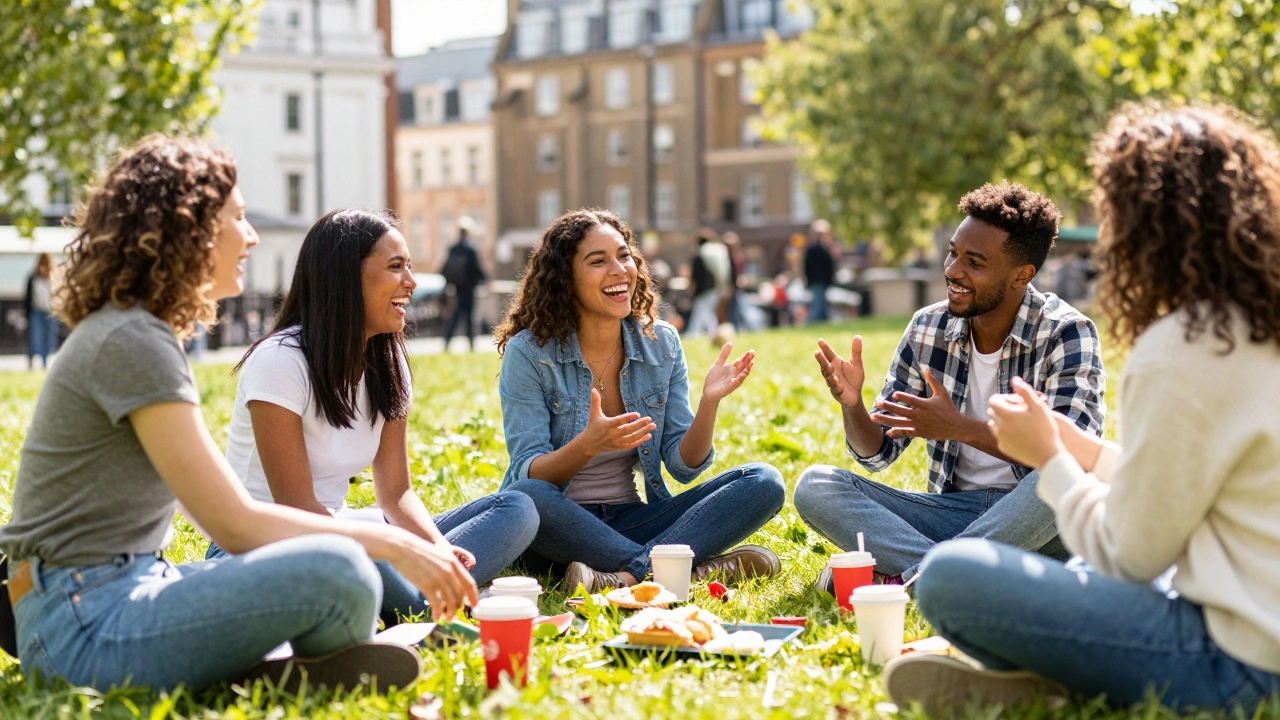 Friends laughing and connecting on a sunny park bench in a city setting.