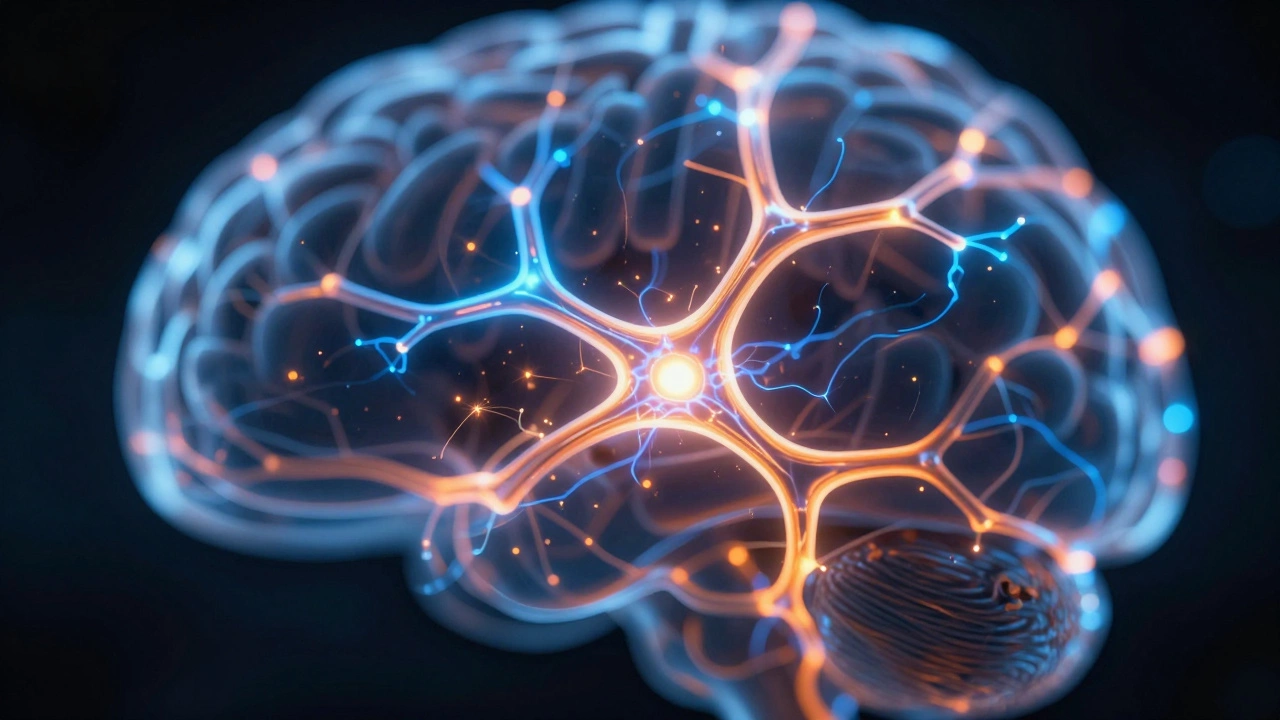 Glowing neural pathways forming new connections in a brain