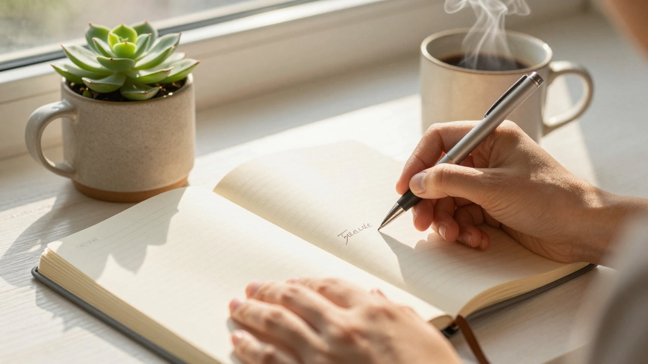 Hands writing in a gratitude journal next to coffee and a plant in sunlight.