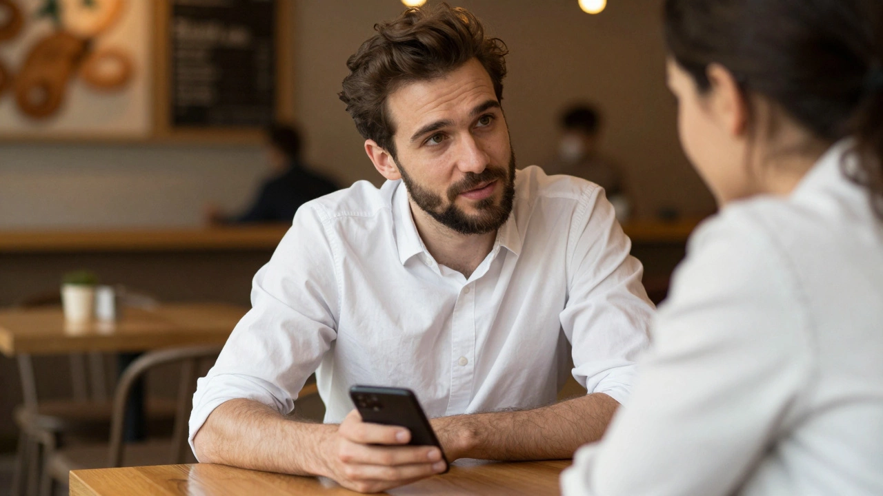 Man ignoring phone to listen attentively to a friend in a cafe