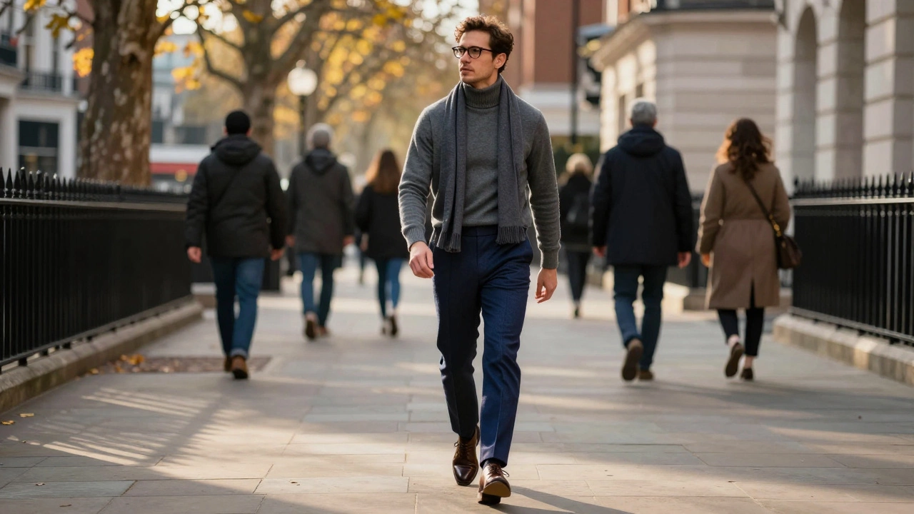 Man in layered autumn outfit walking on city street