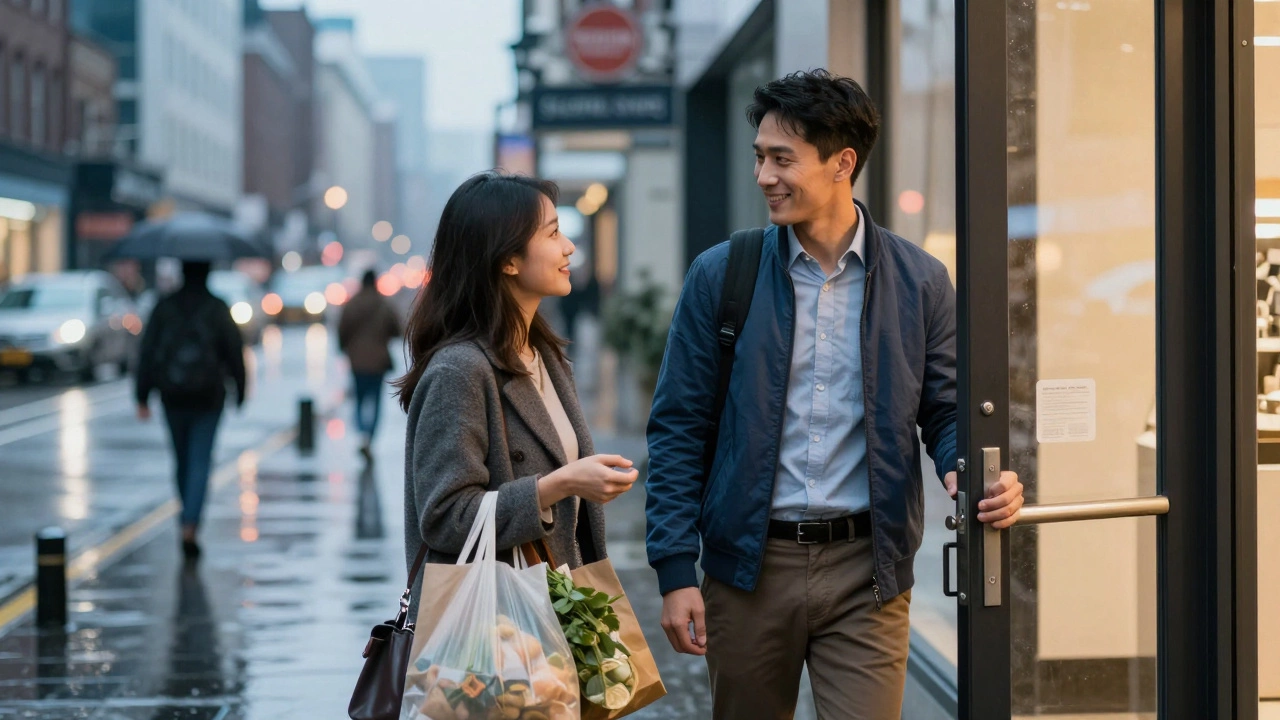 Modern man holding a door open for a woman on a rainy city street