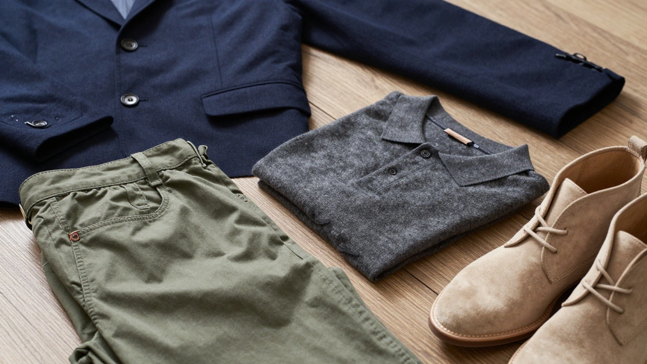 Navy blazer, chinos, and desert boots on wooden table