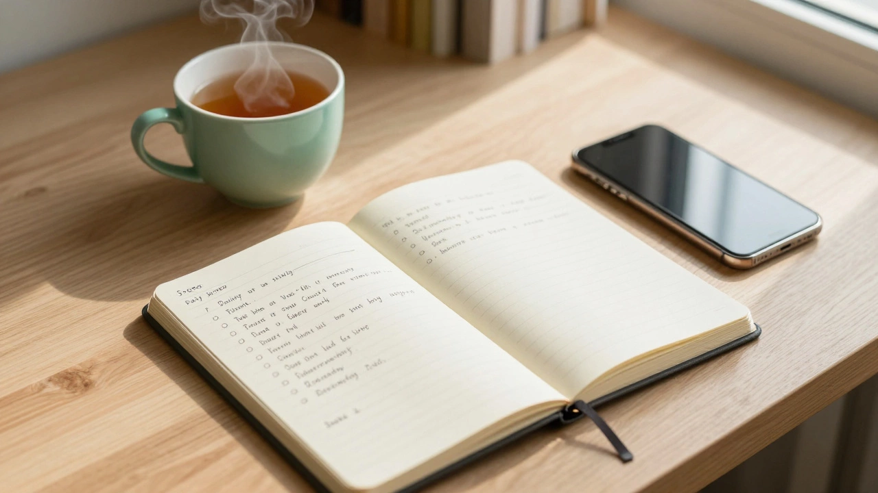 Overhead view of a gratitude journal, tea, and face-down phone on a sunlit desk.