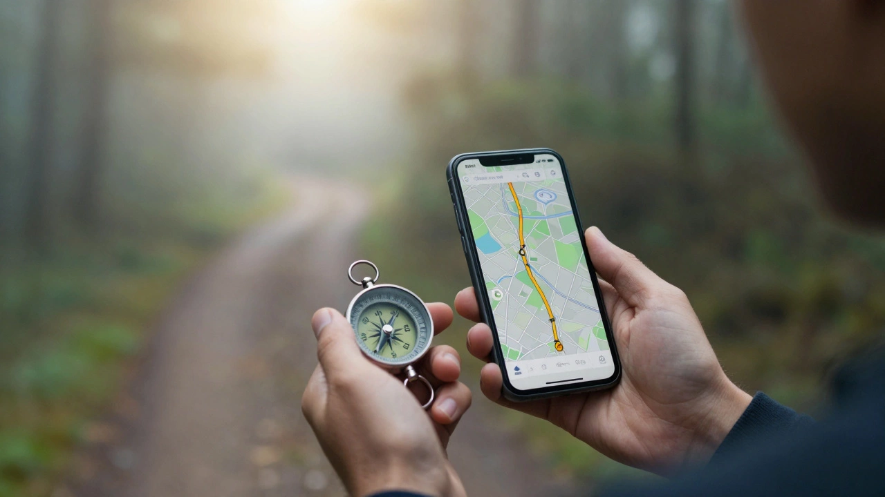 Person navigating a misty forest trail using a compass and phone map