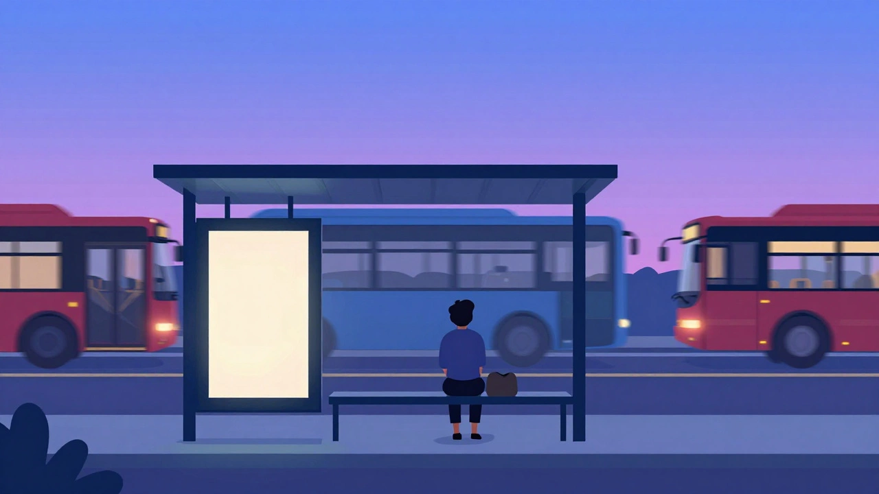 Person sitting at a bus stop watching colorful buses pass by, representing mindfulness