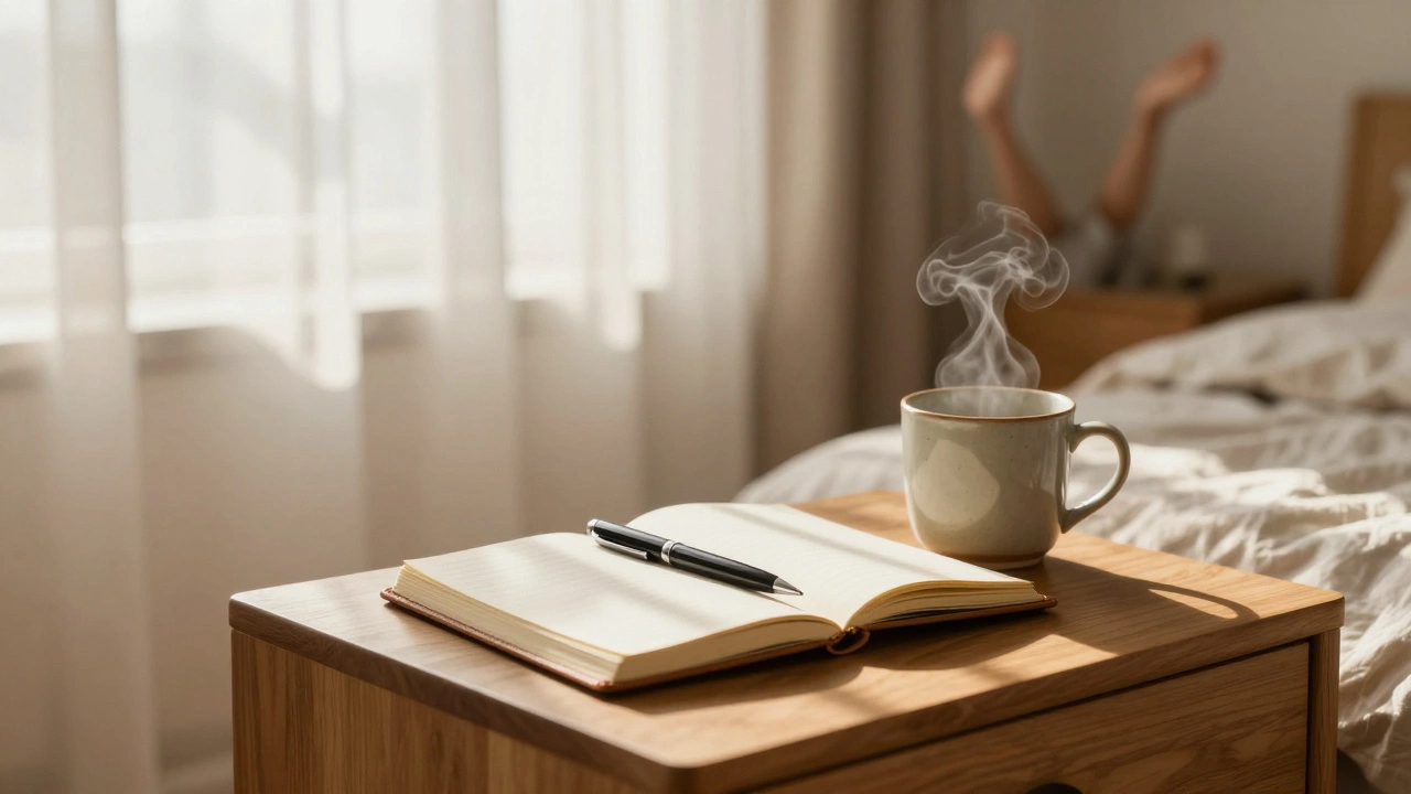 Sunlit journal and coffee mug on a nightstand with a person stretching in the background.