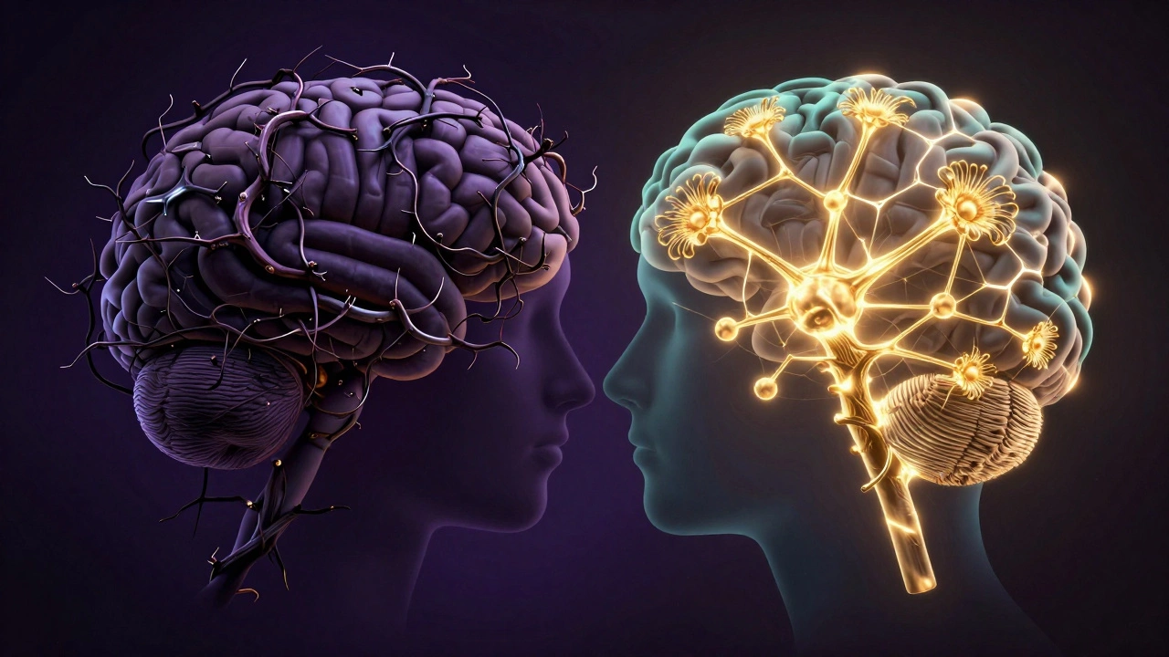 Surreal art of a brain transforming from thorny vines to glowing golden neural pathways.