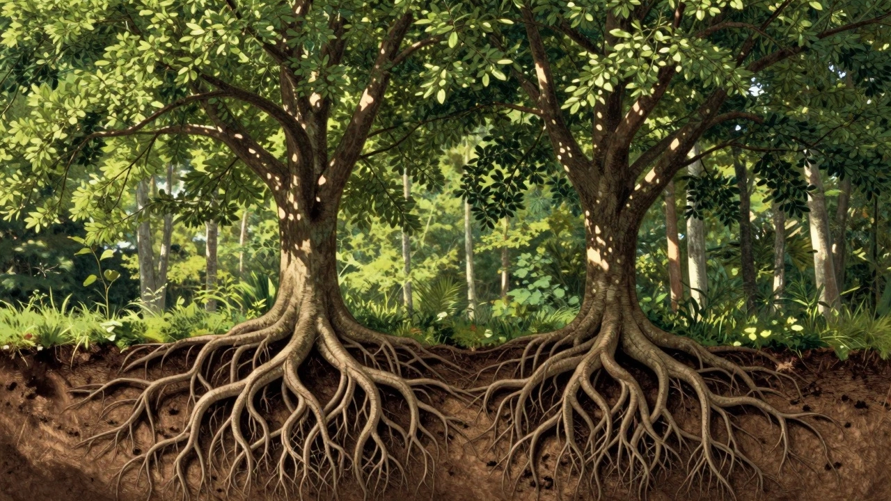Two trees with intertwined roots but separate trunks