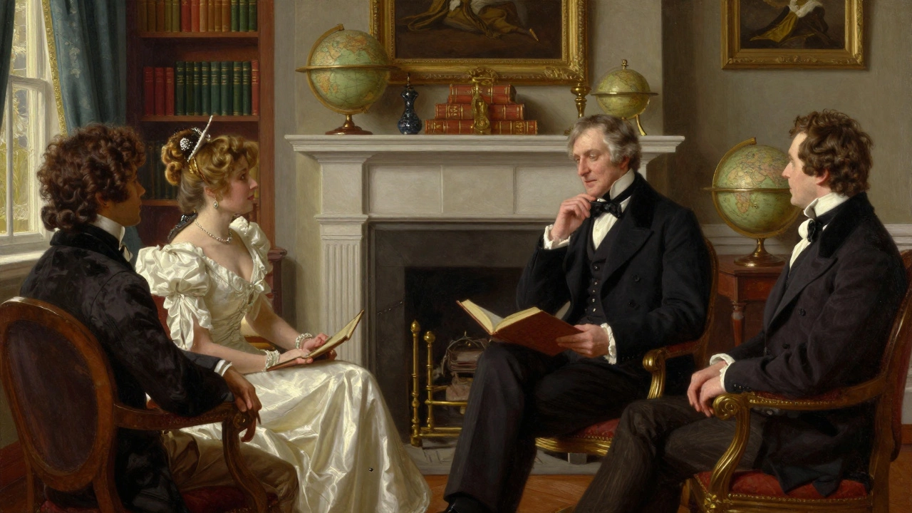 Victorian era gentleman reading and conversing in a refined study