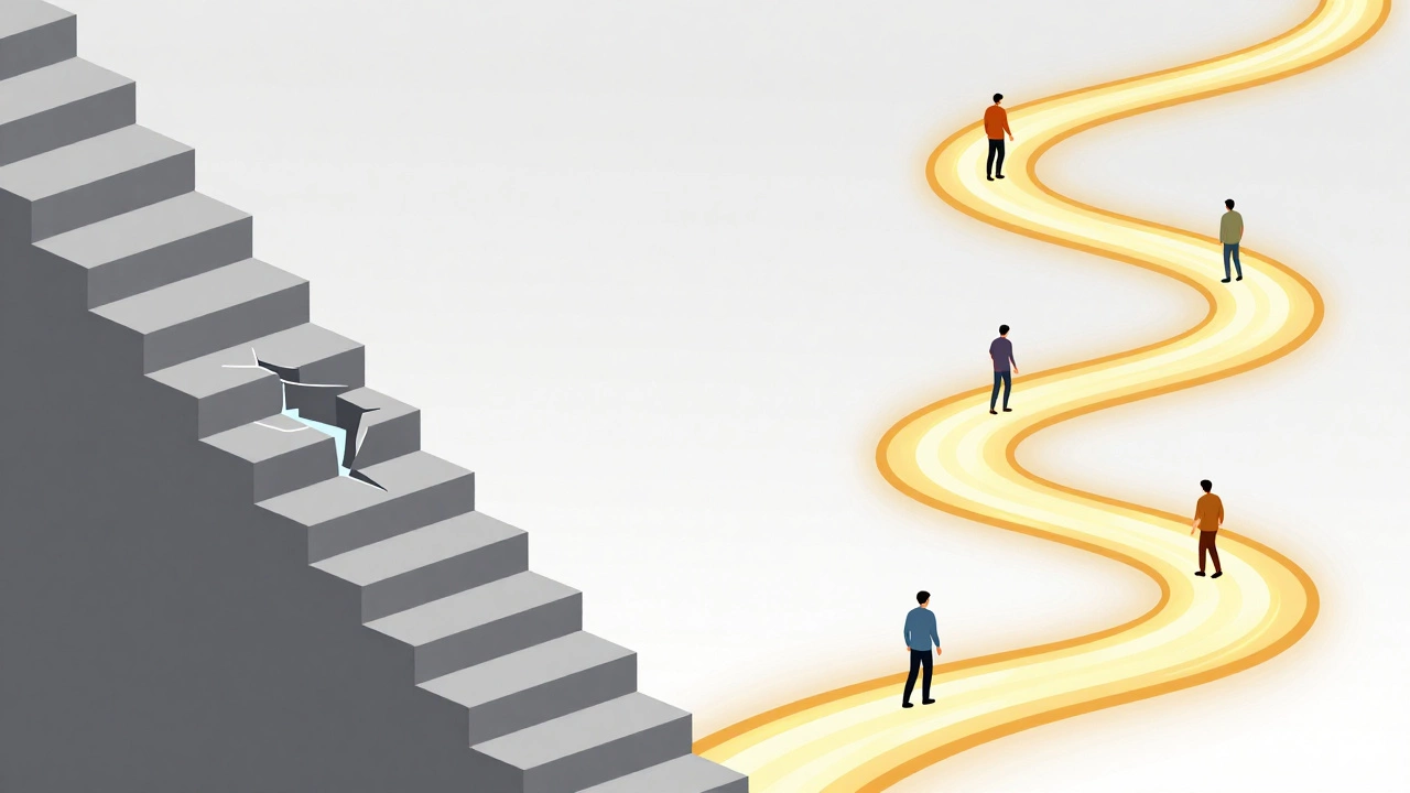 Visual metaphor contrasting rigid stairs with a flexible, glowing spiral path
