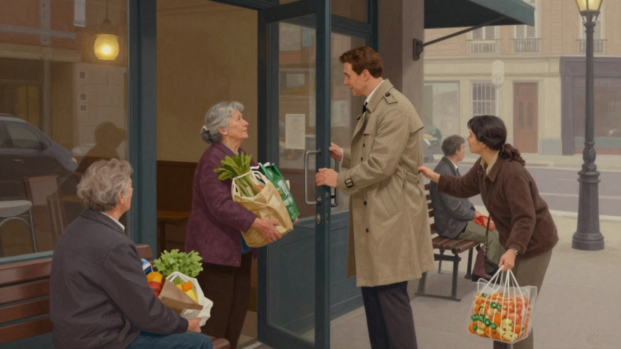 Well-dressed man holding door for elderly woman in city street