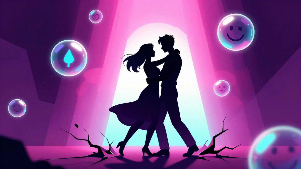 Abstract art of couple dancing over cracking ground with neon lights