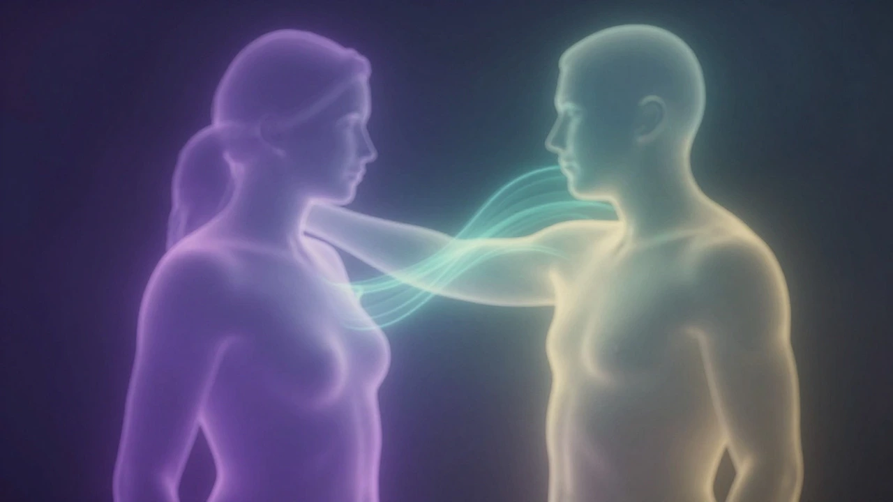 Abstract glowing figures merging to symbolize emotional connection