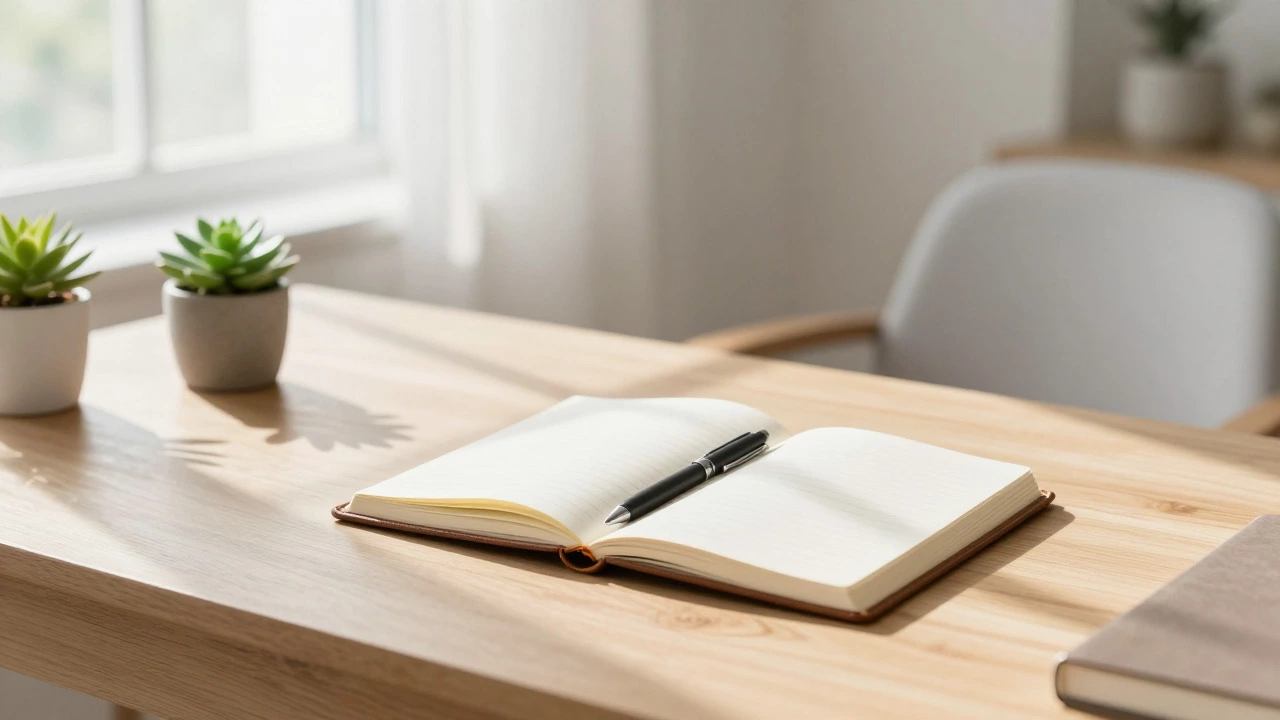 Clean, organized desk with journal and plant for mental clarity