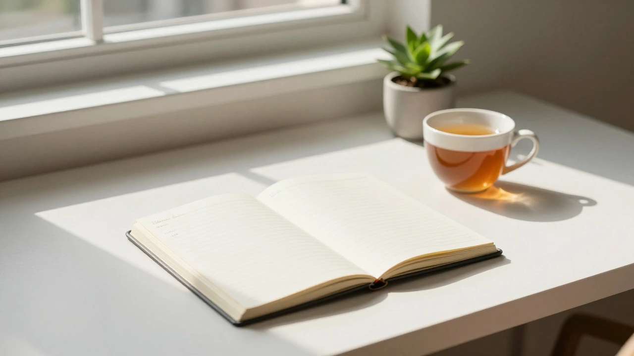 Clean, sunlit workspace with journal and plant promoting focus and resilience