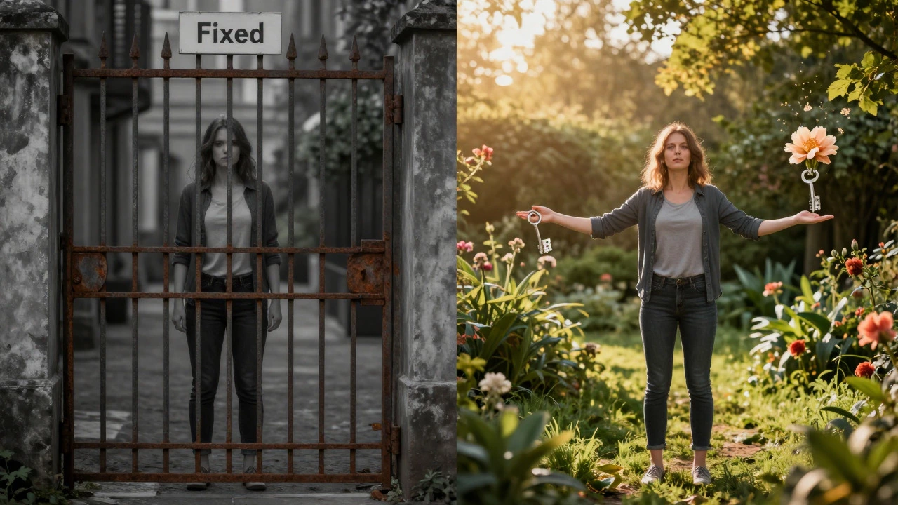 Contrast between a closed gate and an open garden symbolizing mindset shift