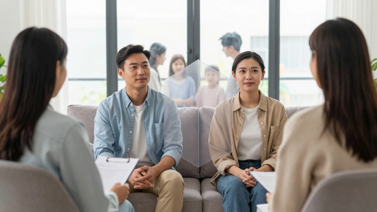 Couple in therapy with transparent boundary shields separating them from outside