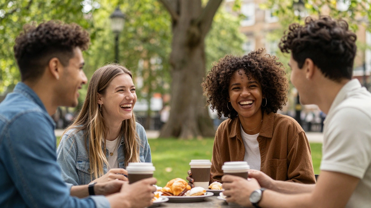 Friends laughing and talking over coffee in a sunny outdoor park setting