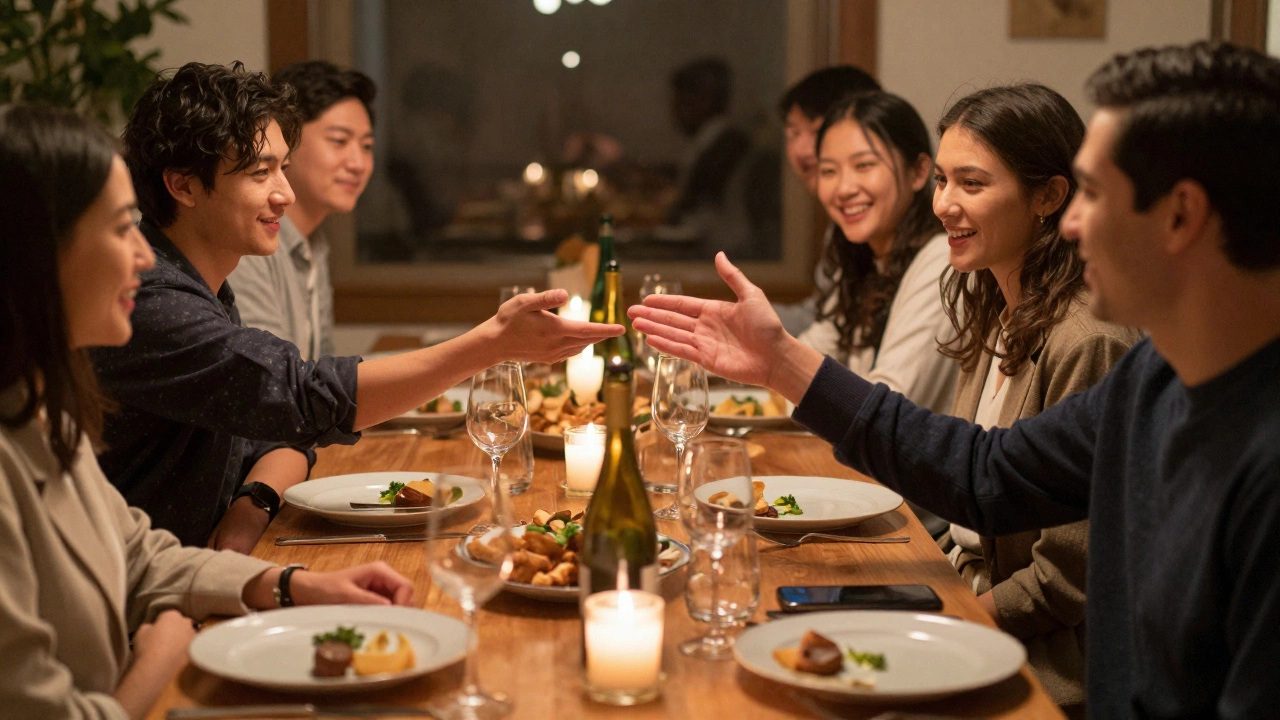 Group dining together, engaging in polite conversation without phones at the table.