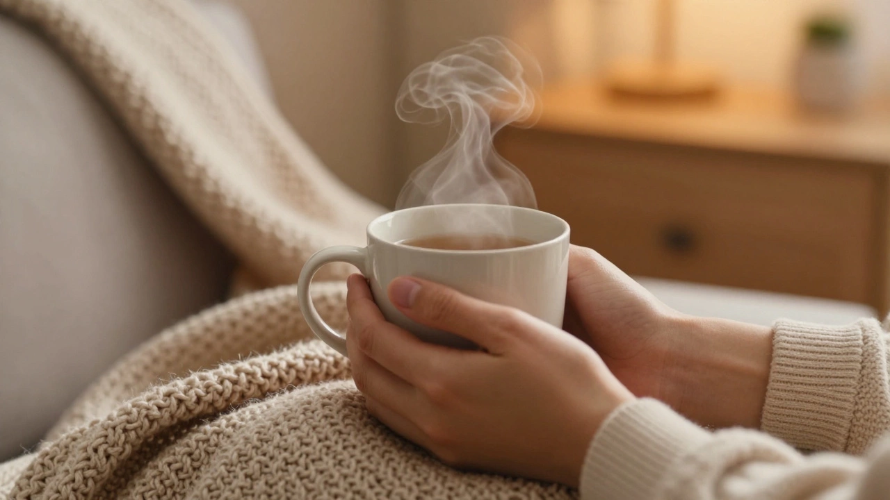 Hands holding warm tea mug conveying mindfulness and self-compassion
