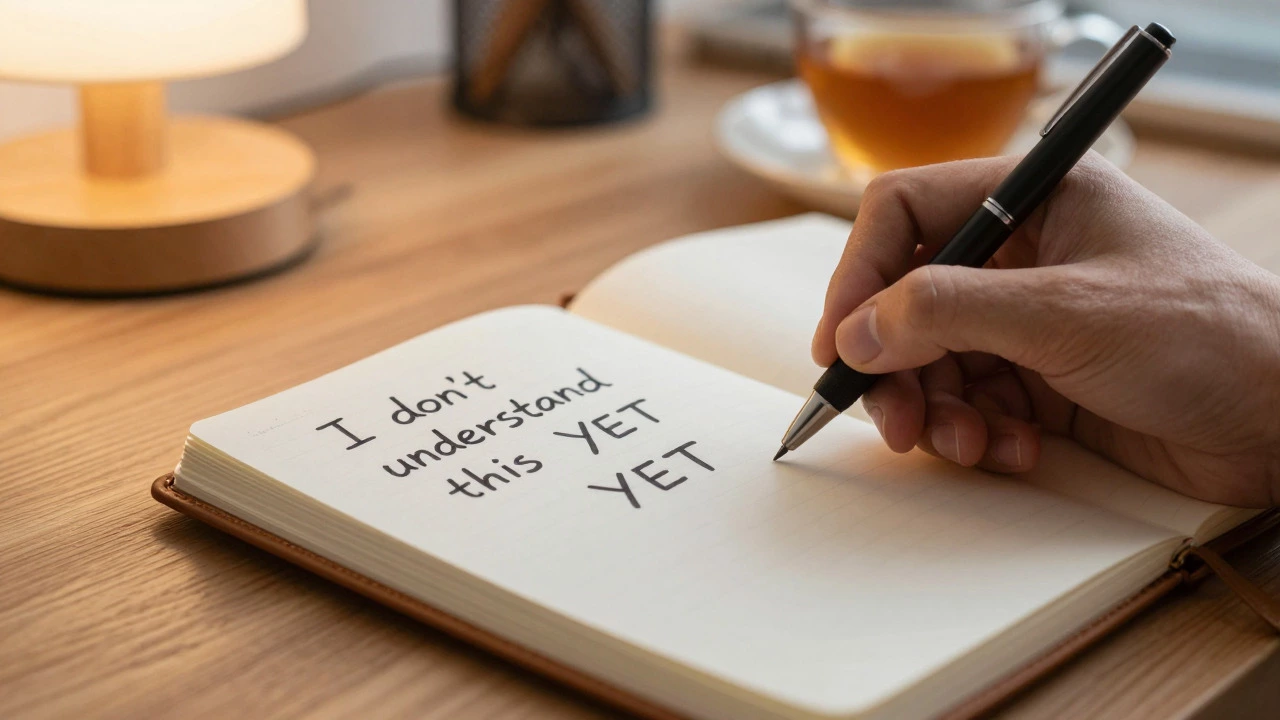 Hands writing 'yet' in a notebook to reframe failure as learning