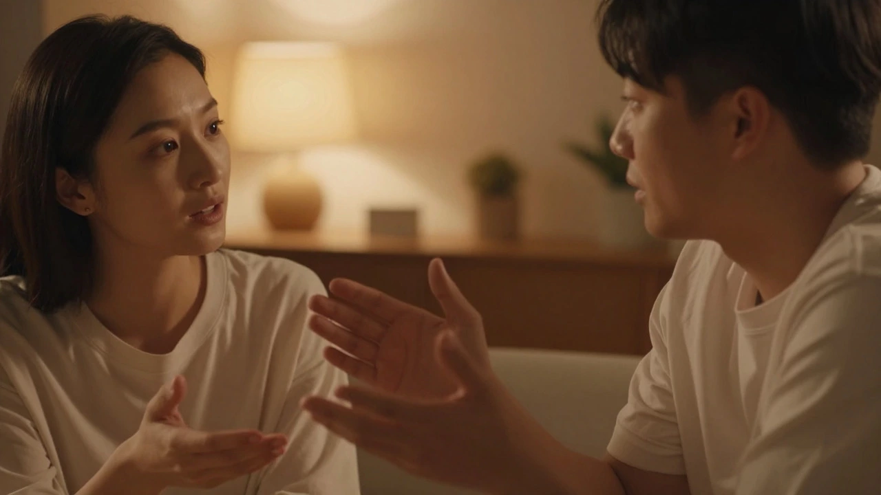 Intimate close-up of couple listening attentively in warm ambient light