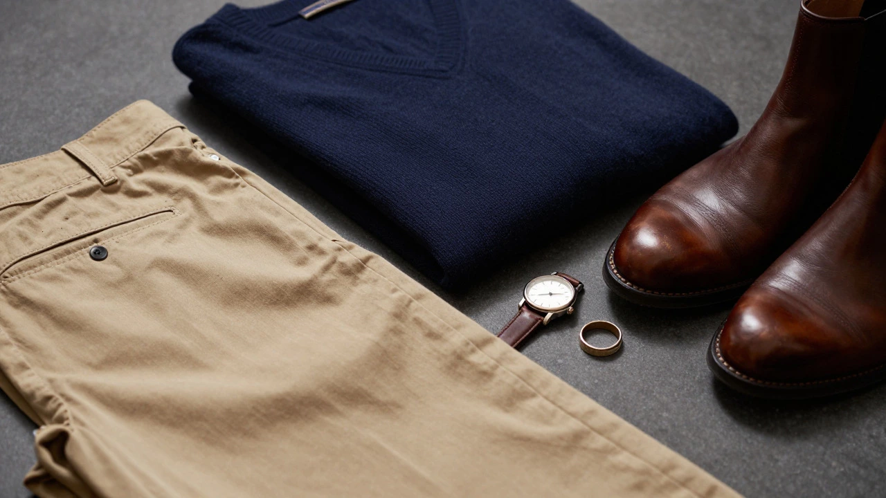 Navy sweater, khaki chinos, brown boots, and leather watch on display