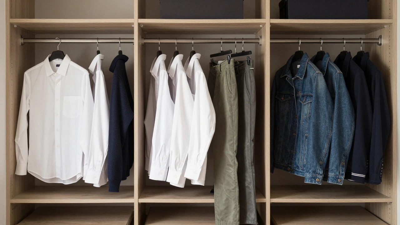 Organized capsule wardrobe closet with neutral colored men's clothing
