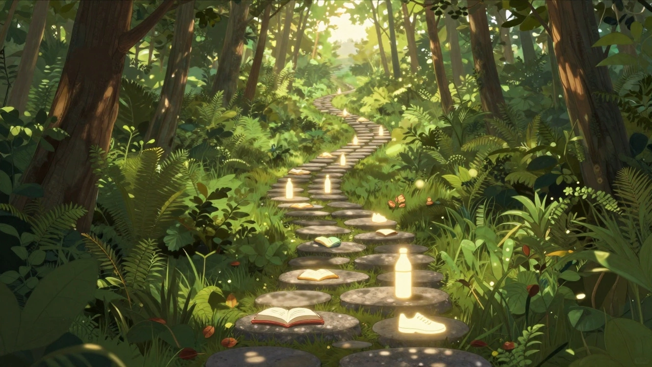 Path of glowing stones in forest representing consistent habit building