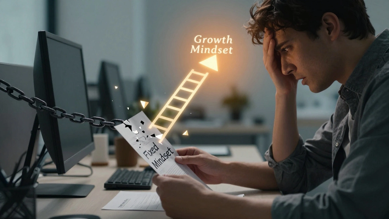 Person receiving feedback with visual metaphor of breaking chains into growth opportunities