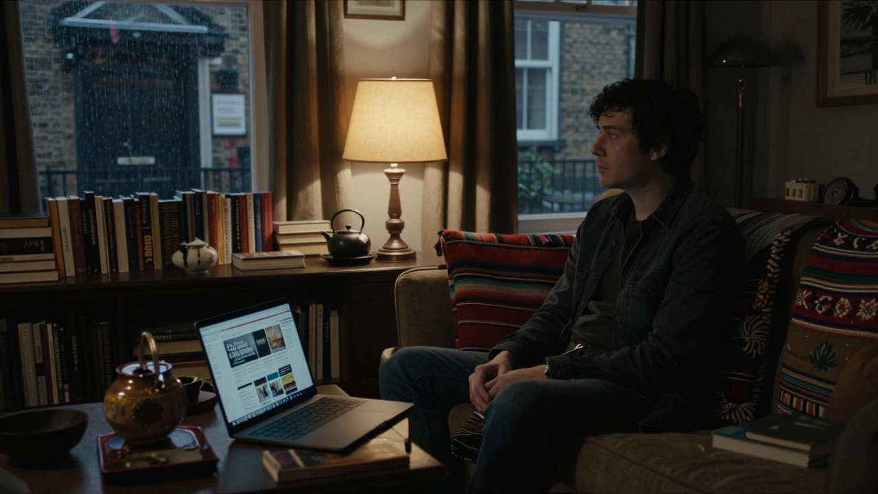 Person reflecting in a cozy room filled with international books and items