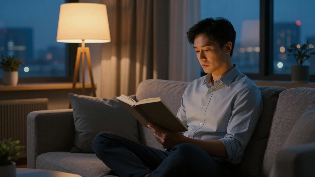 Professional relaxing in a warmly lit living room at dusk, symbolizing work-life balance