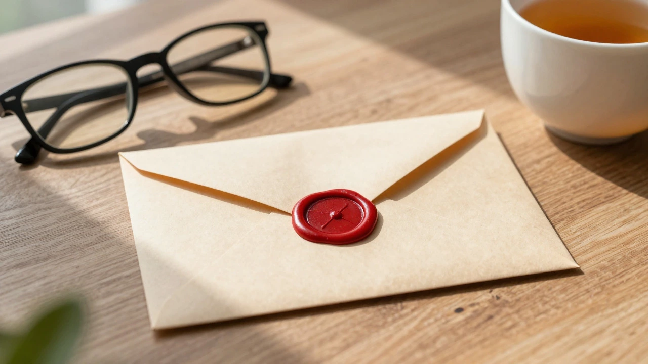 Sealed envelope on table with morning sunlight