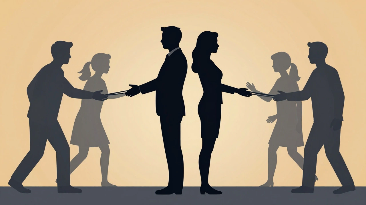 Silhouettes of couple united against shadowy figures pulling one partner away