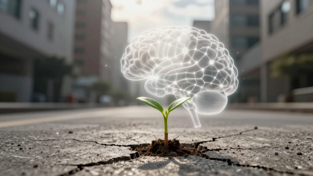 Sprout growing from concrete with glowing brain neurons nearby