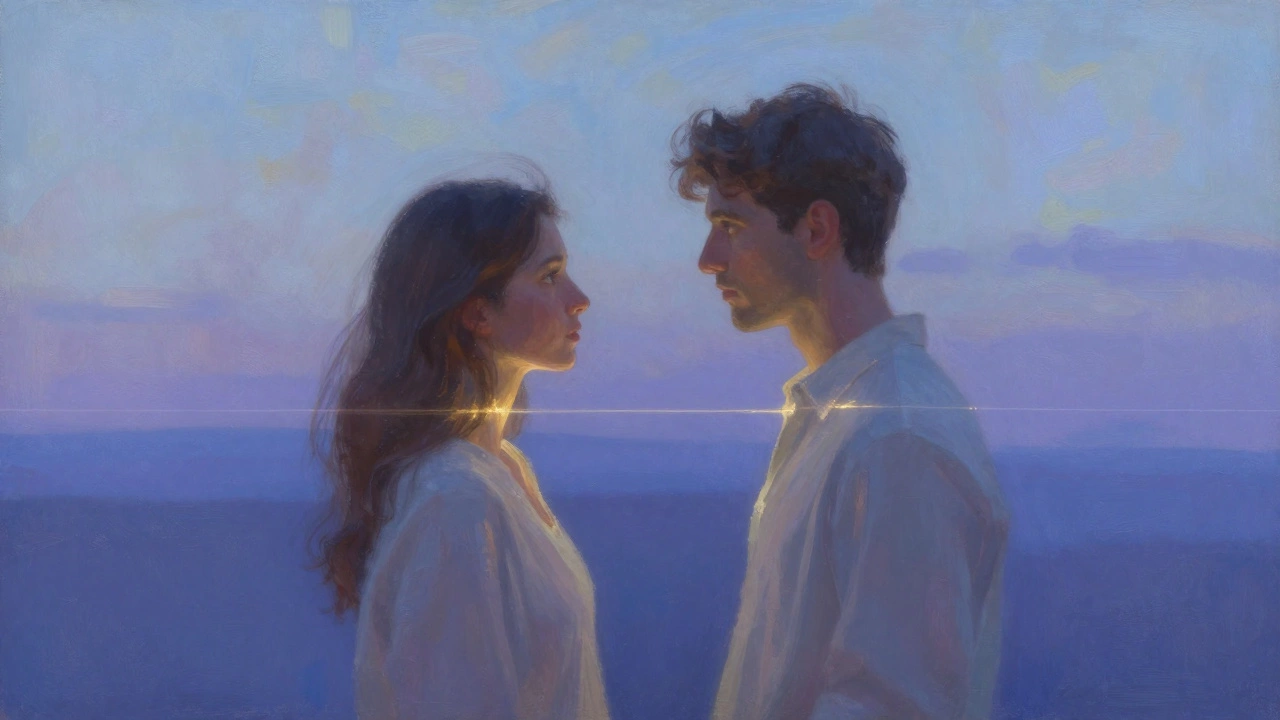 Two figures respecting personal boundaries with a soft golden light
