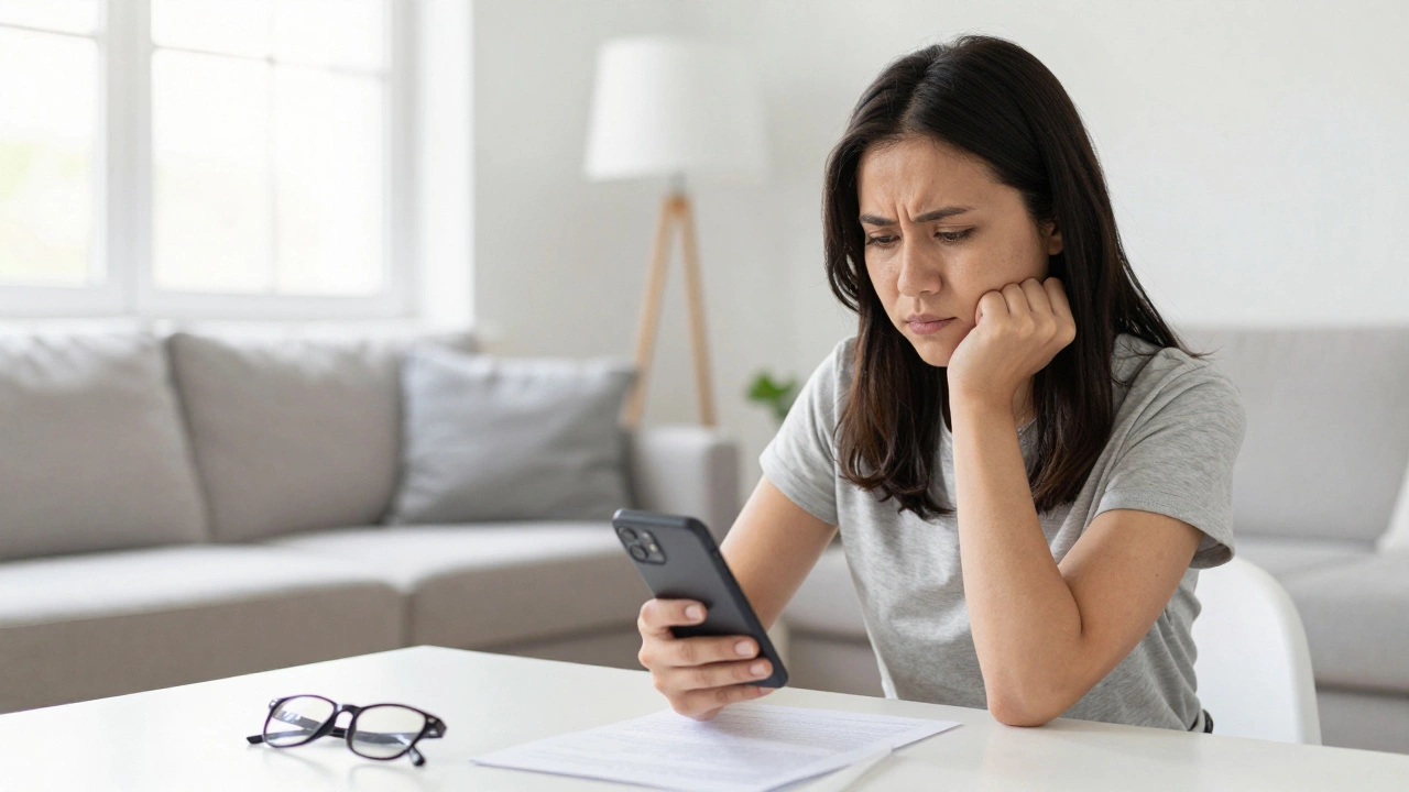 Woman holding phone with determined look in sunlit living room