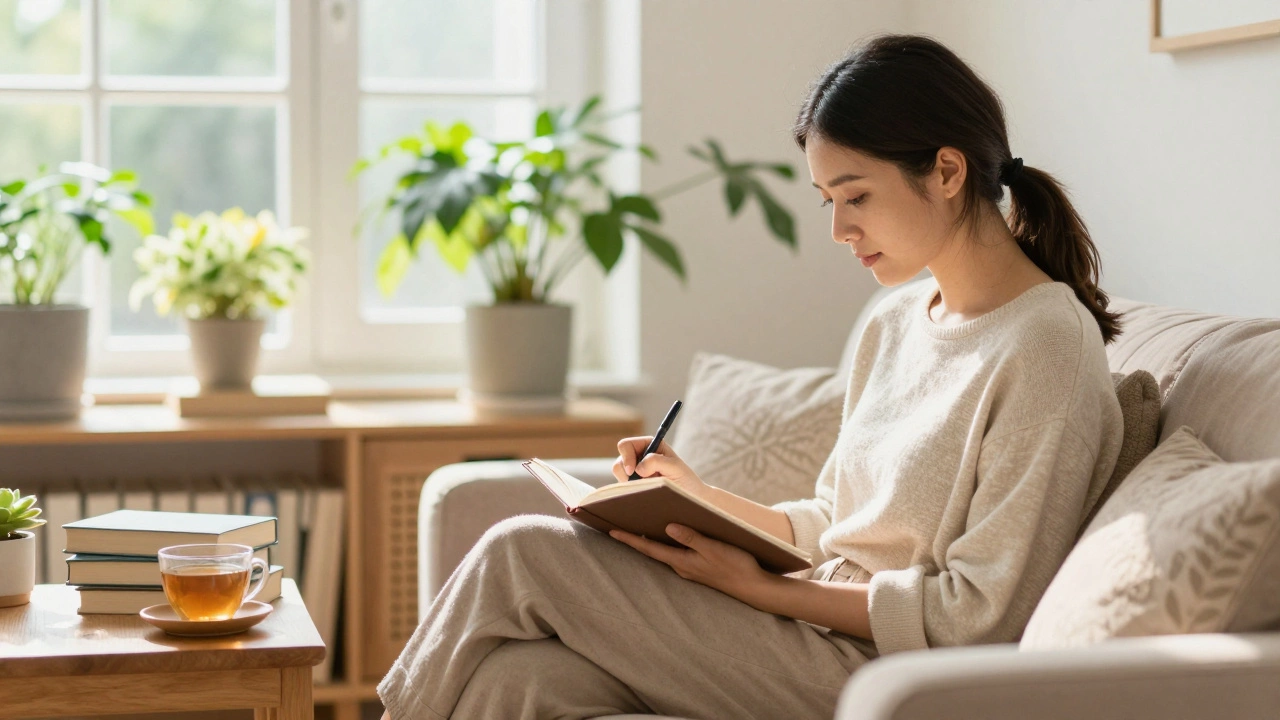 Woman journaling in a sunny, cozy room for self-healing