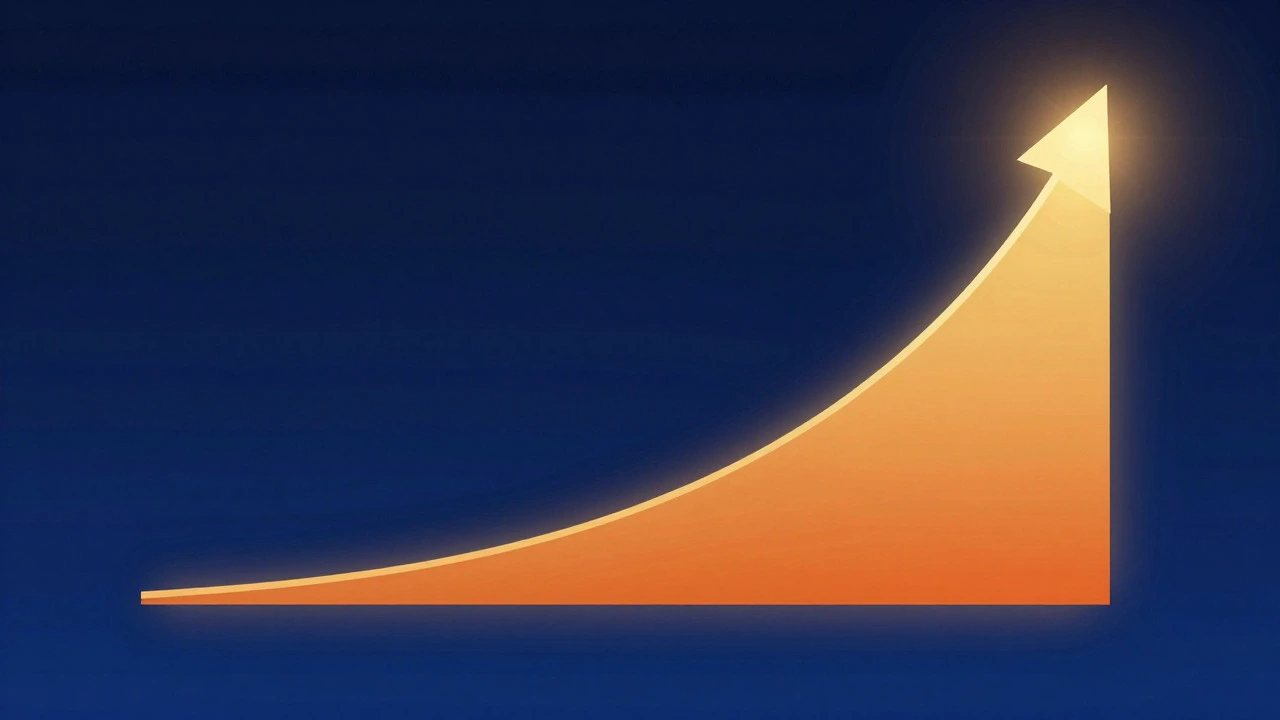 Abstract graphic contrasting a flat line with a steeply rising curve to represent compound interest