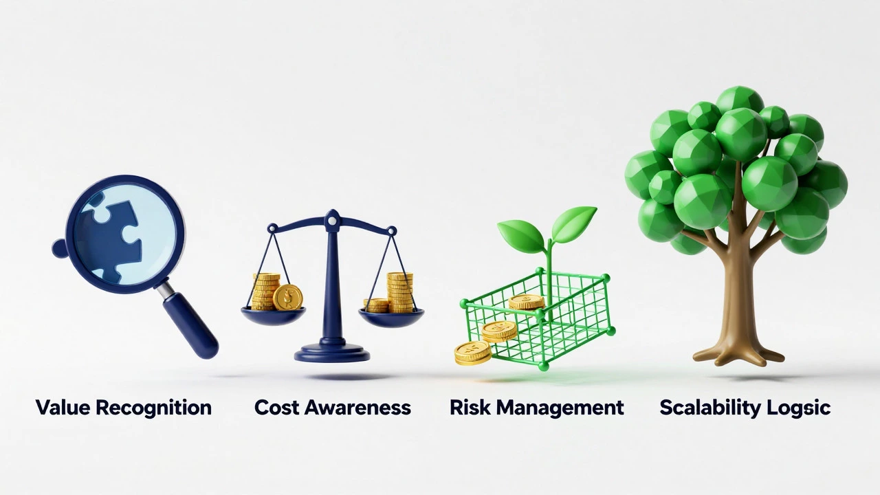 Abstract icons representing value, cost, risk, and scalability