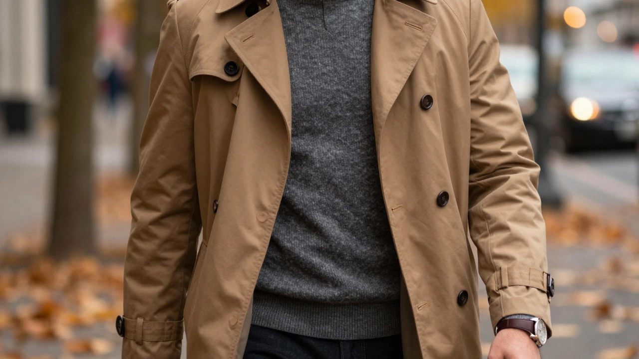 Close-up of a man's torso wearing a layered sweater and coat with a watch