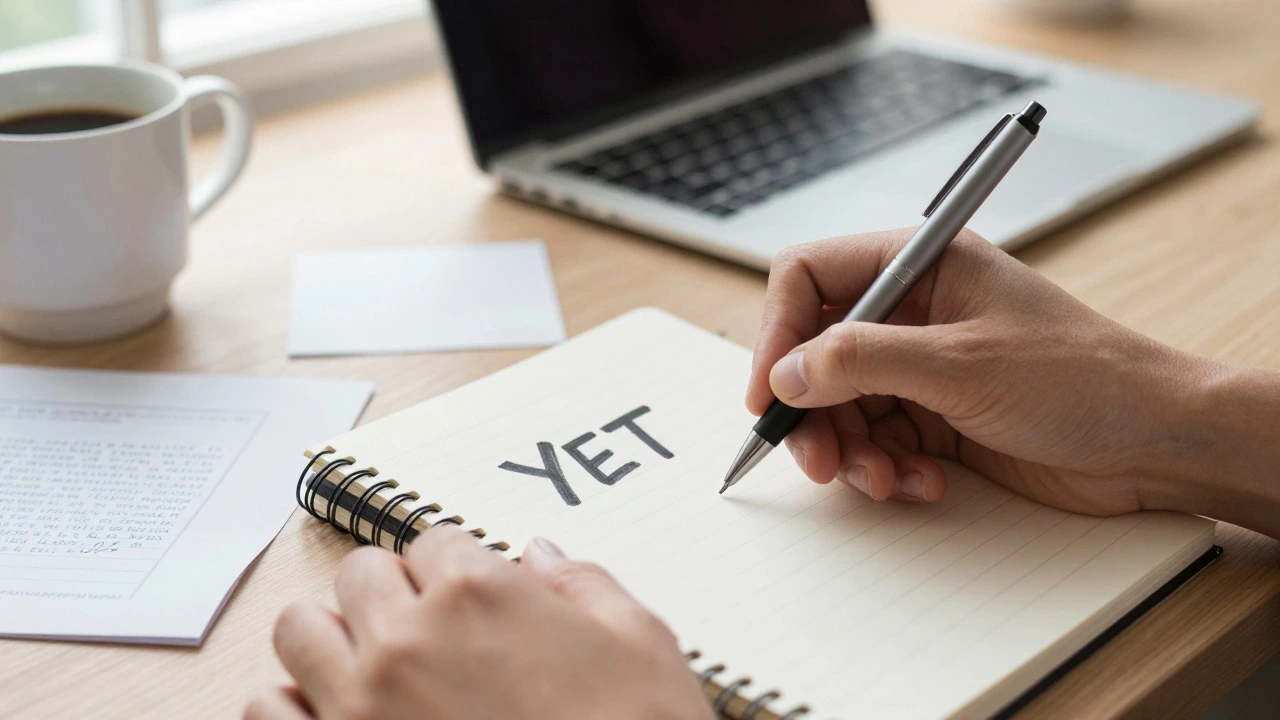 Close-up of hands writing 'yet' in a notebook to shift mindset