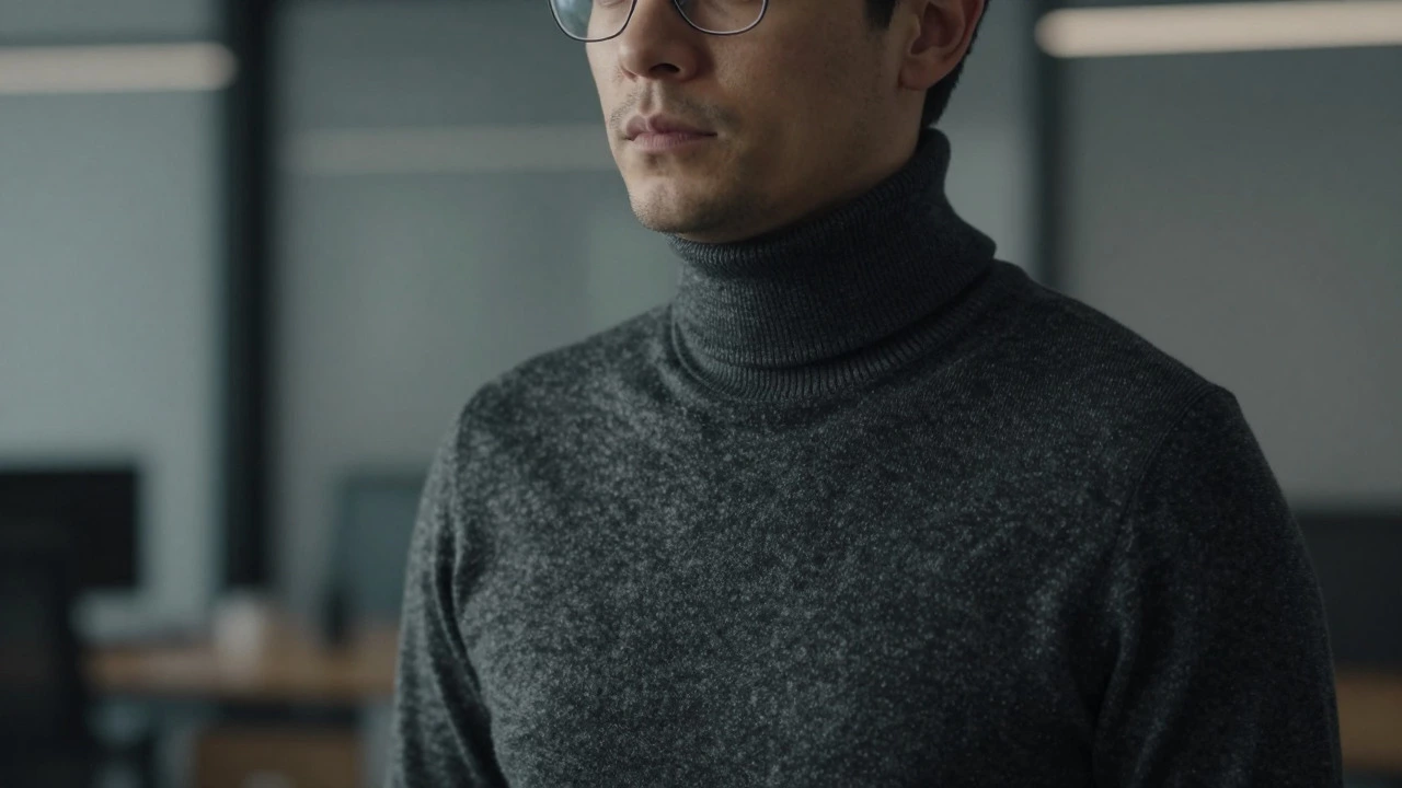 Close-up of man wearing charcoal merino wool turtleneck and metal glasses