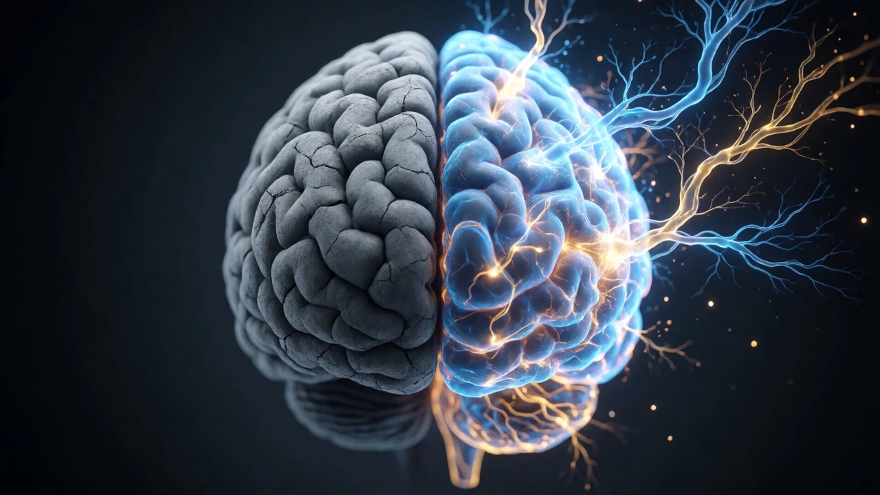 Conceptual brain image contrasting rigid stone with growing neural networks.
