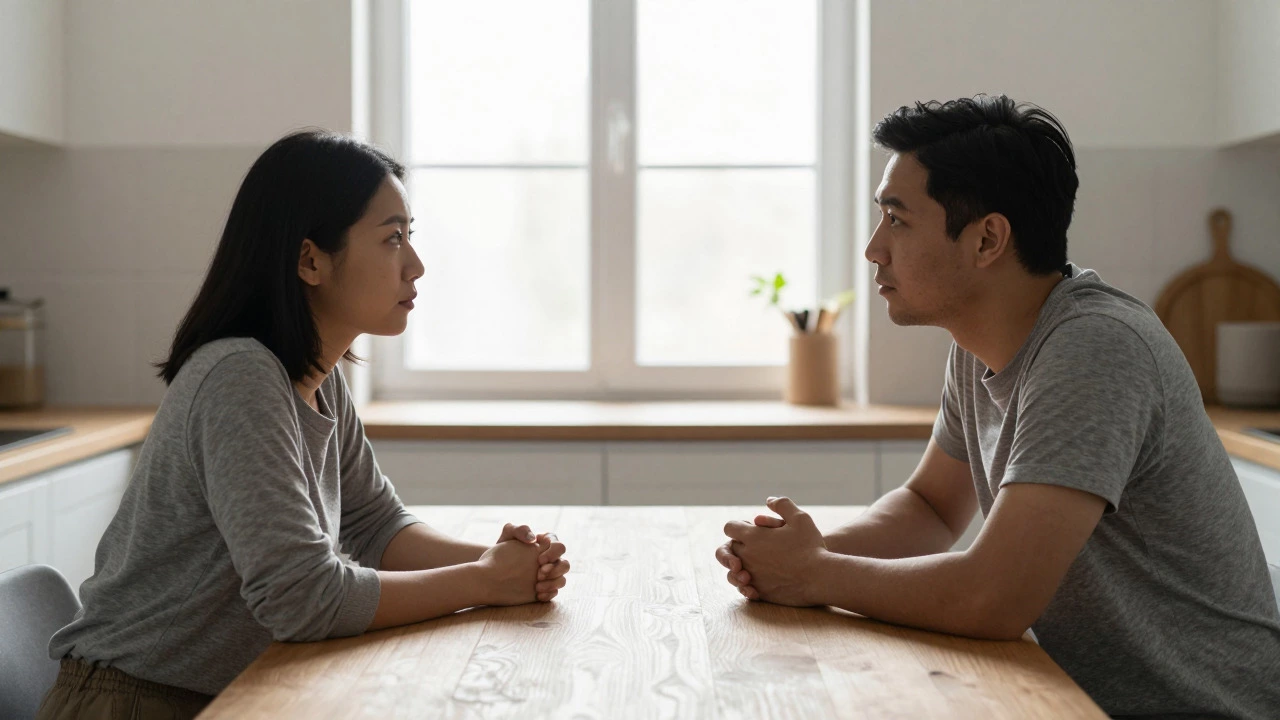 Couple having honest conversation at kitchen table