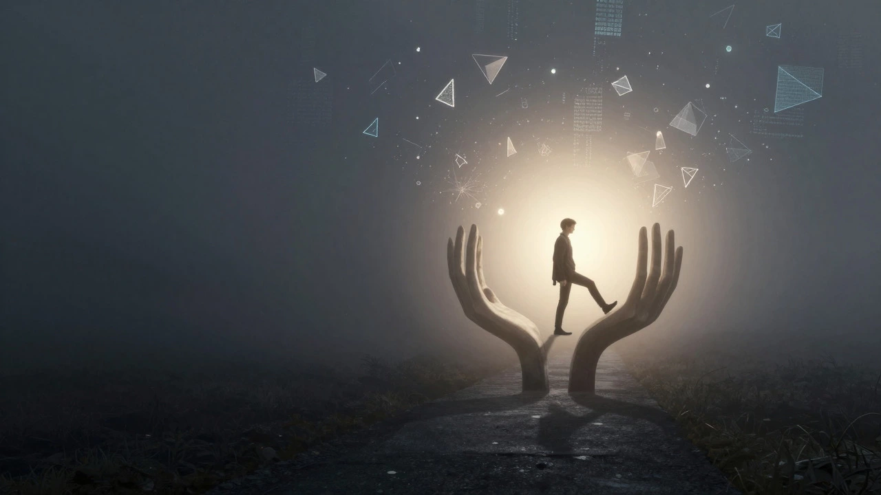 Figure choosing the illuminated path, representing resilience and action