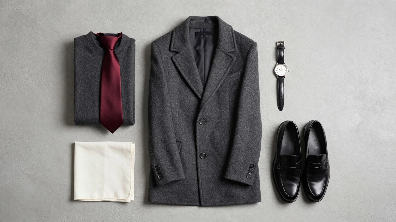 Flat lay of executive accessories including watch, loafers, and wool coat