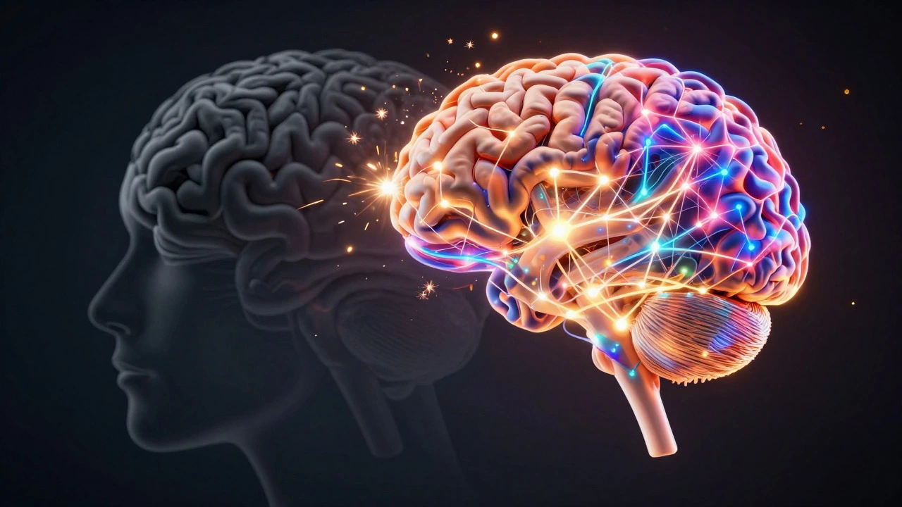 Glowing brain visualization showing neural plasticity and growth